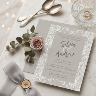 Invitación Boda Floral Gris Elegante Encaje Blanco Vintage