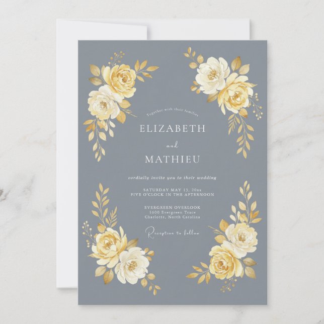Invitación Boda Floral Gris Flor de Oro (Anverso)