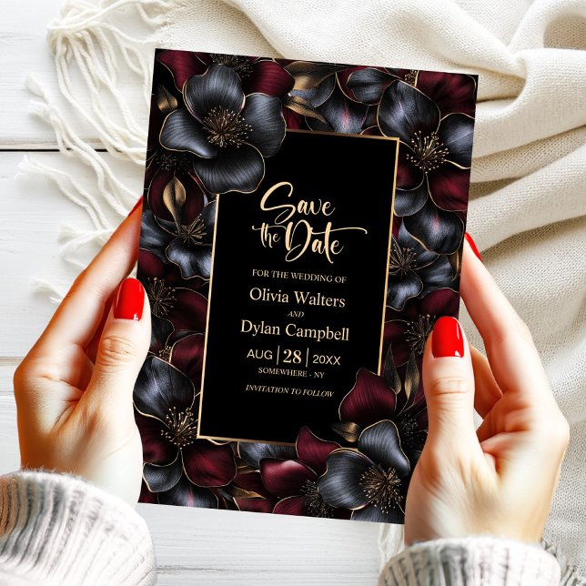 Invitación Boda floral gris negra de Borgoña salva la fecha (Subido por el creador)