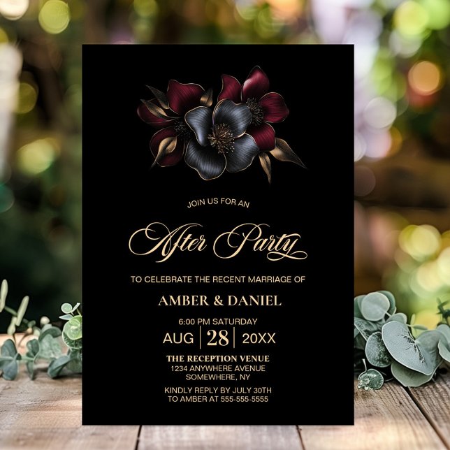 Invitación Boda floral gris negro de Borgoña tras Fiesta (Subido por el creador)