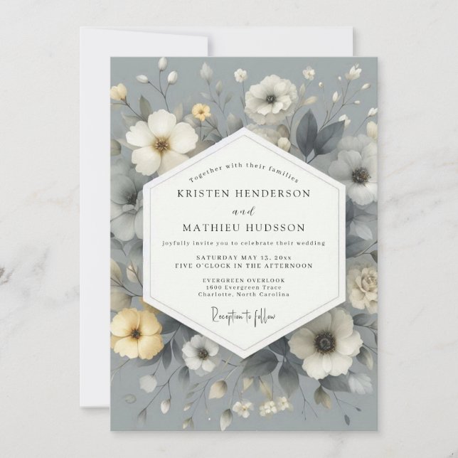 Invitación Boda Floral Gris Pizarra (Anverso)