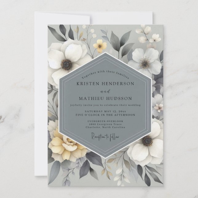 Invitación Boda Floral Gris Pizarra (Anverso)