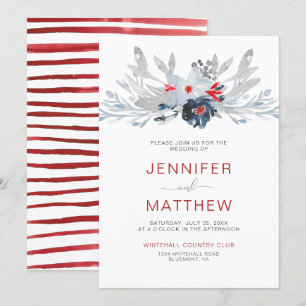 Invitación Boda floral gris rojo de la Marina de Fútbol Moder