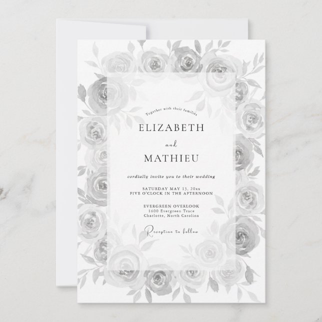 Invitación Boda floral gris serena (Anverso)