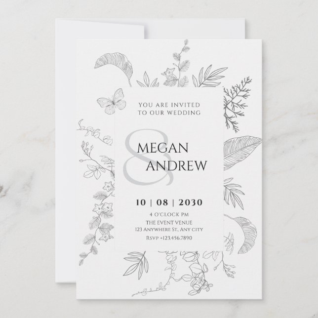 Invitación Boda floral gris vintage (Anverso)