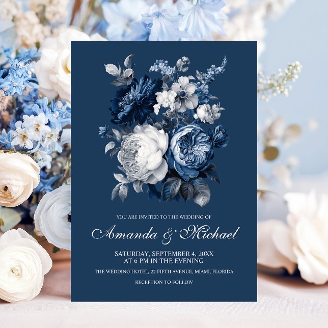 Invitación Boda floral gris y azul moderno (Modern Blues & Gray Floral Wedding Invitation)