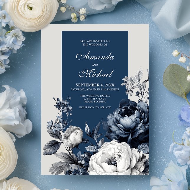 Invitación Boda floral gris y azul moderno (Modern Blues & Gray Floral Wedding Invitation)