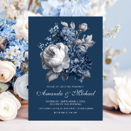 Invitación Boda floral gris y azul moderno