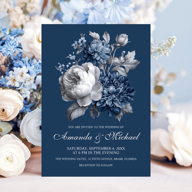 Invitación Boda floral gris y azul moderno (Modern Blues & Gray Floral Wedding Invitation)