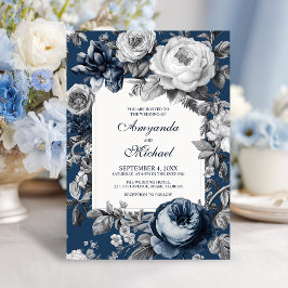 Invitación Boda floral gris y azul moderno