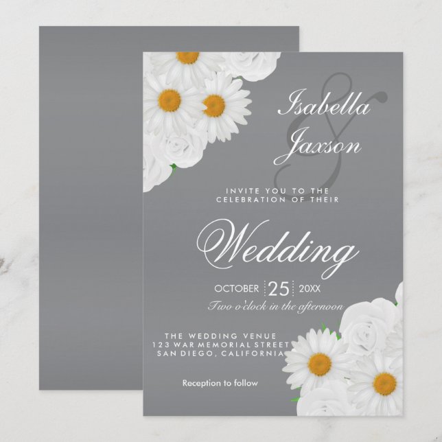 Invitación Boda floral gris y blanca (Anverso / Reverso)