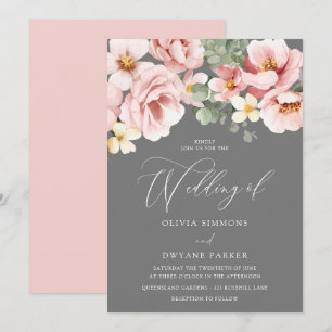 Invitación Boda floral gris y Rubor de color de agua
