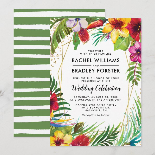 Invitación Boda floral hawaiano tropical de playa (Anverso / Reverso)