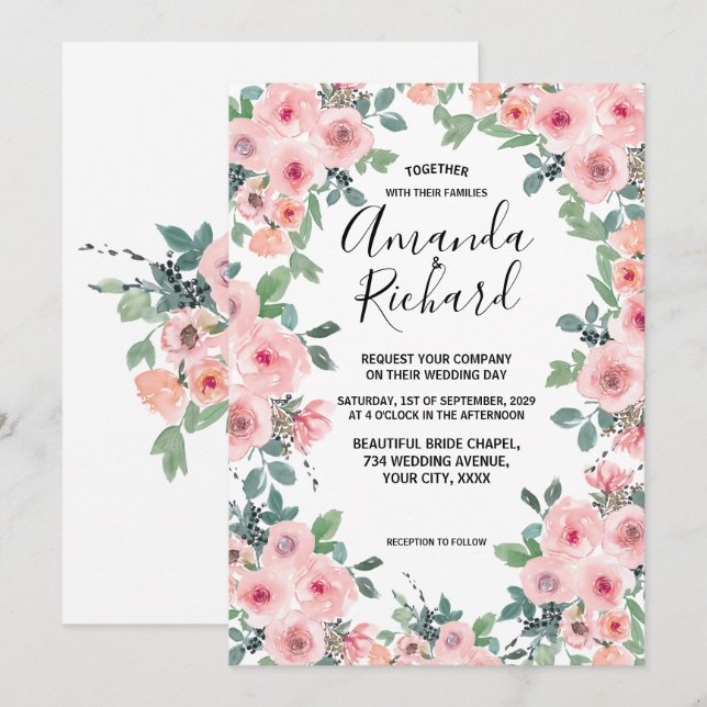 Invitación Boda Floral Hermosa Acuarela Rosa Claro (Anverso / Reverso)