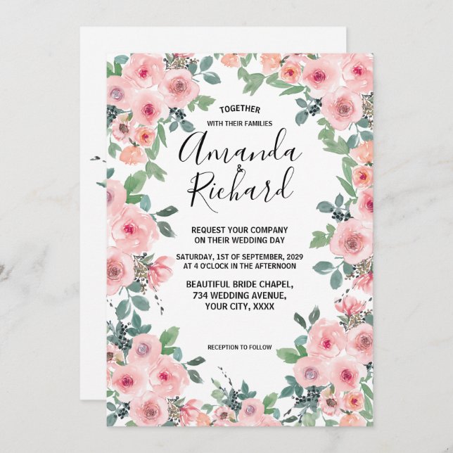 Invitación Boda floral hermosa acuarela rosa rubor (Anverso / Reverso)
