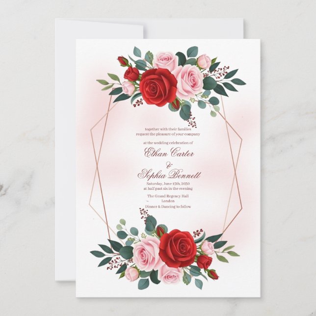 Invitación Boda Floral Hexagonal Boho Rosa Dorado (Anverso)