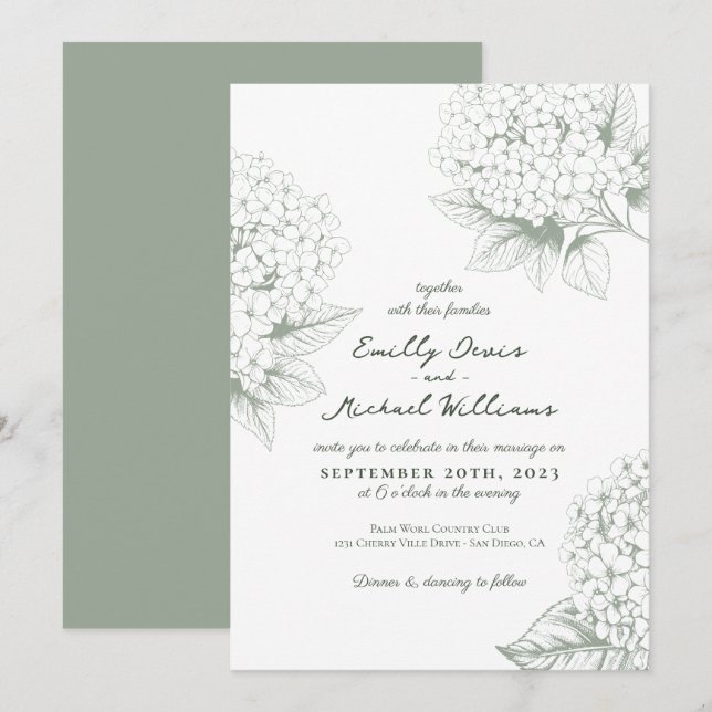 Invitación Boda floral Hidrangea verde sabio (Anverso / Reverso)