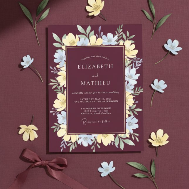 Invitación Boda floral ilustrativa de Burdeos (Subido por el creador)