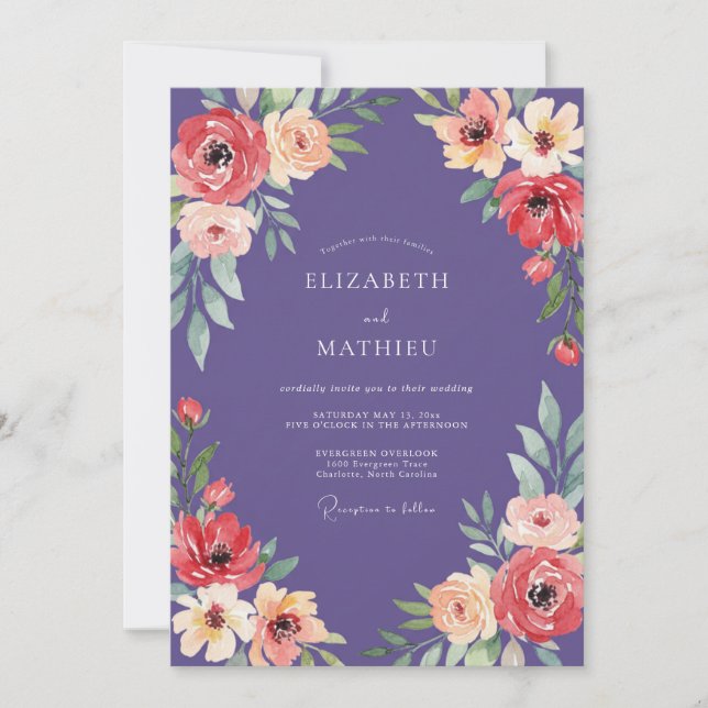 Invitación Boda floral impactante de Deep Purple (Anverso)