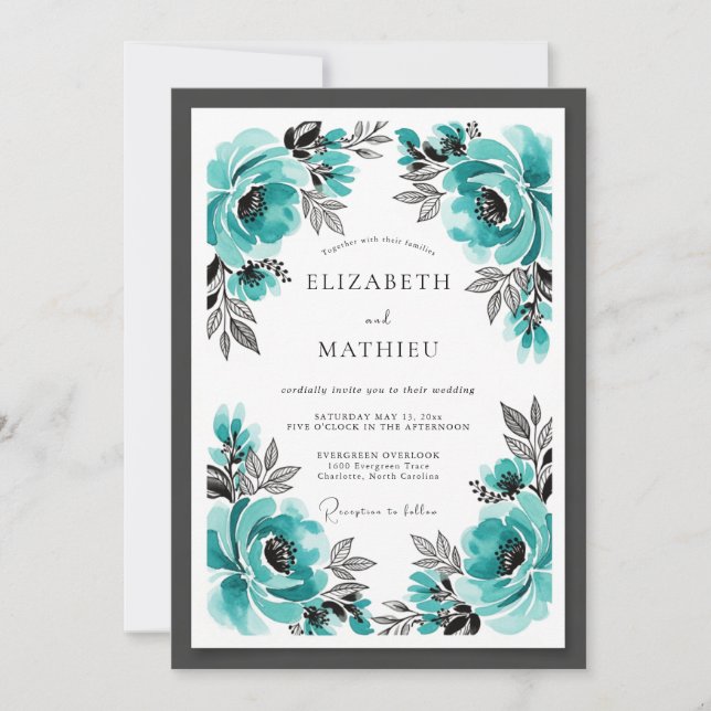 Invitación Boda floral impactante turquesa (Anverso)