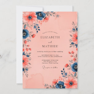 Invitación Boda floral impresionante de melocotón azul marino