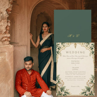 Invitación Boda floral india elegante verde y dorado