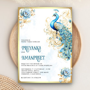 Invitación Boda Floral Índigo Azul Pastel Dorado Pavón