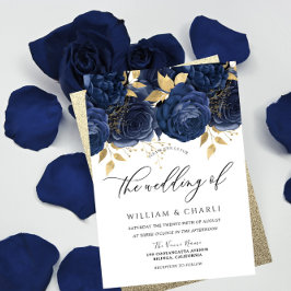 Invitación Boda floral indigo azul y dorado de la marina