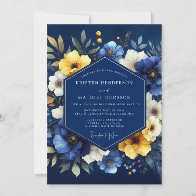 Invitación Boda Floral Indigo Luminoso (Anverso)