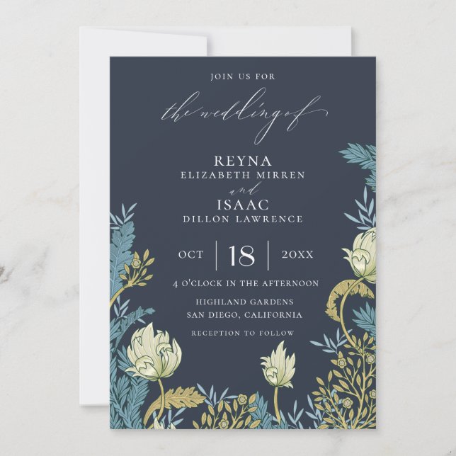 Invitación Boda floral inglés azul antiguo (Anverso)
