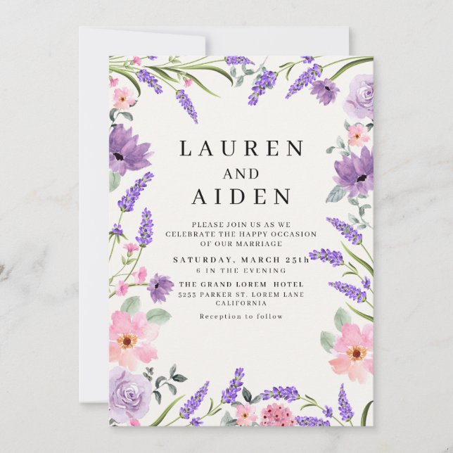 Invitación Boda floral inspirada en la naturaleza de Lavender (Anverso)