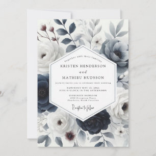 Invitación Boda Floral Invernal Azul Pizarra