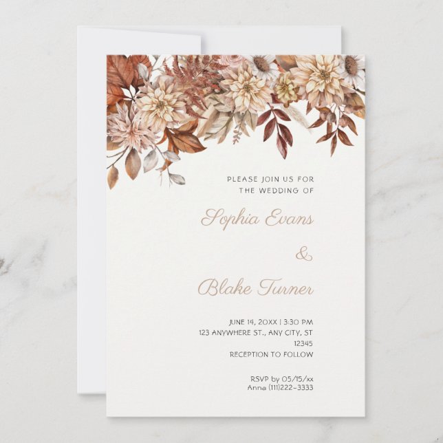 Invitación Boda Floral Invernal Boho Marrón Blanco (Anverso)
