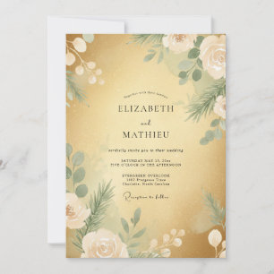 Invitación Boda Floral Invernal Dorada y Majestuosa