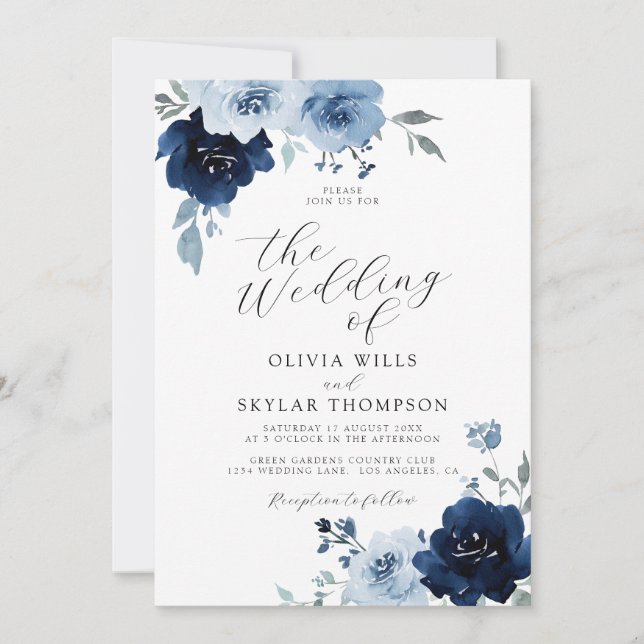 Invitación Boda floral Invi con luz azul elegante de la marin (Anverso)