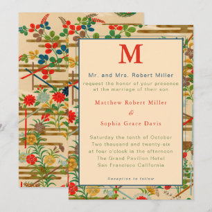 Invitación Boda floral japonesa vintage con monograma persona