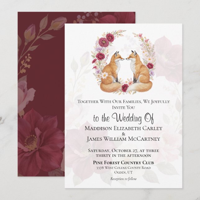 Invitación Boda Floral Jugador Fox Autumn (Anverso / Reverso)