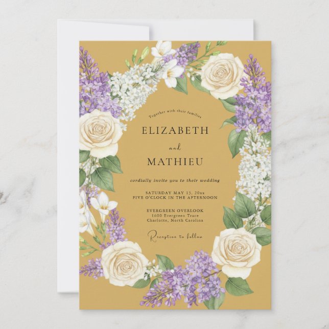 Invitación Boda Floral Laurel Mostaza (Anverso)