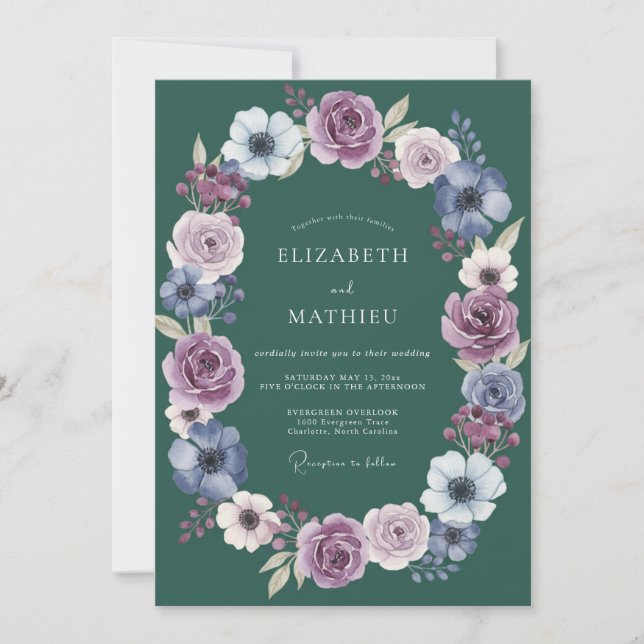 Invitación Boda Floral Laurel Púrpura Profundo (Anverso)