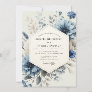 Invitación Boda floral lavada en azul polvoriento