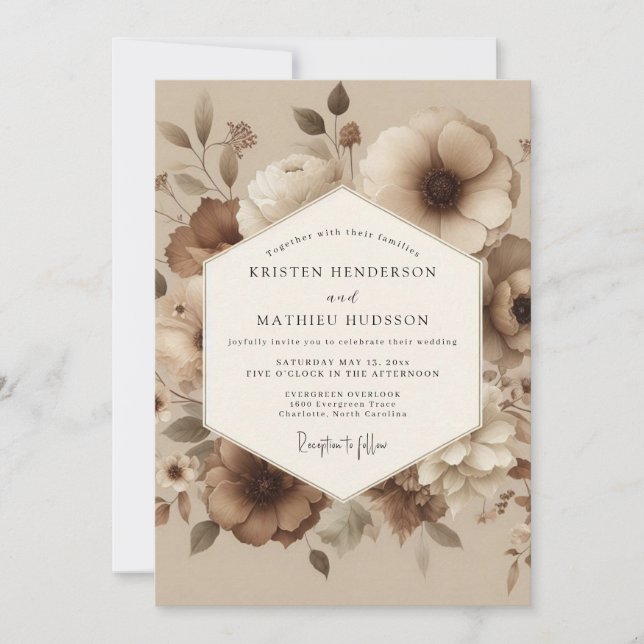Invitación Boda Floral Lavada en Taupe (Anverso)