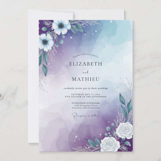 Invitación Boda Floral Lavanda Helada (Anverso)