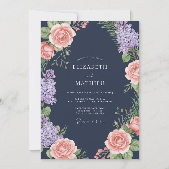 Invitación Boda floral lavanda melocotón marina (Anverso)