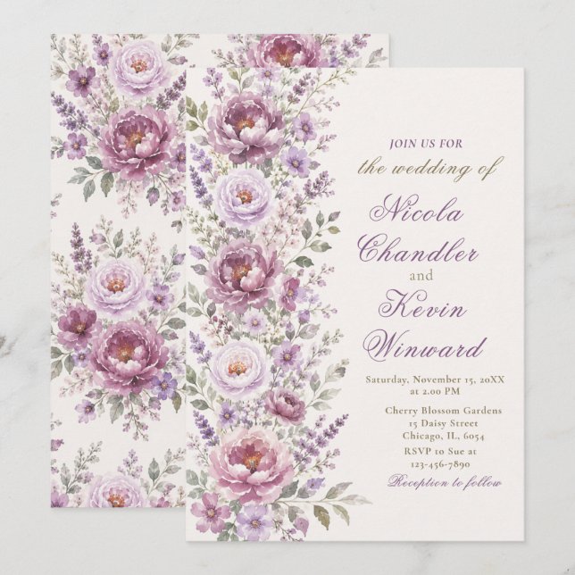 Invitación Boda floral lavanda y malva (Anverso / Reverso)