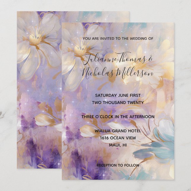 Invitación Boda Floral Lavender Gold Glam (Anverso / Reverso)