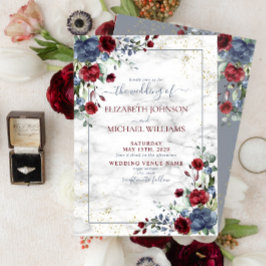 Invitación Boda floral ligera y turbia azul borgoña