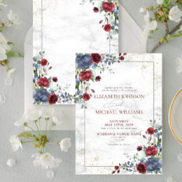 Invitación Boda floral ligera y turbia azul borgoña