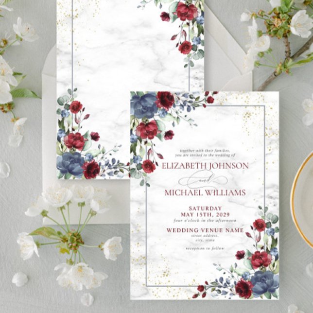 Invitación Boda floral ligera y turbia azul borgoña (Subido por el creador)