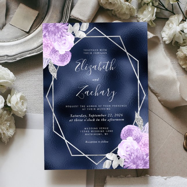 Invitación Boda Floral Lila Plata con Hojalata de Marina (Subido por el creador)