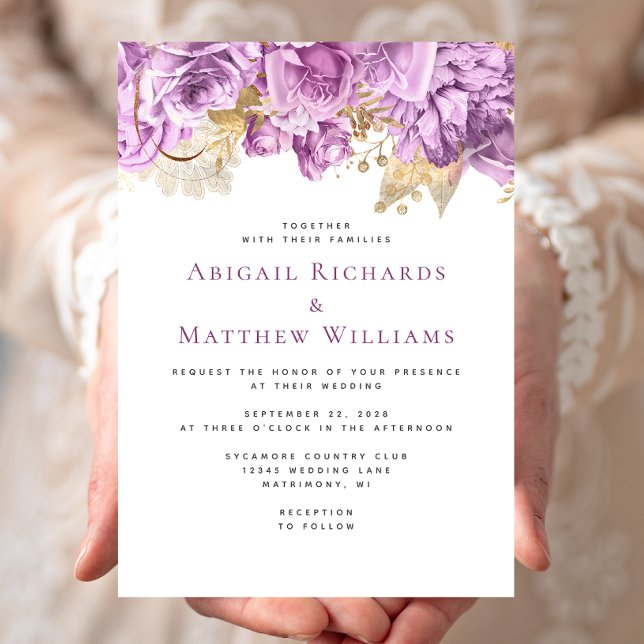 Invitación Boda floral lila romántico oro (Subido por el creador)